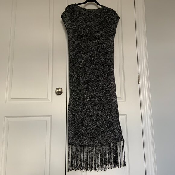 Women's Zara Knit Midi Metallic Black Silver V-Neck Dress Fringe Bottom Size S - Picture 12 of 14